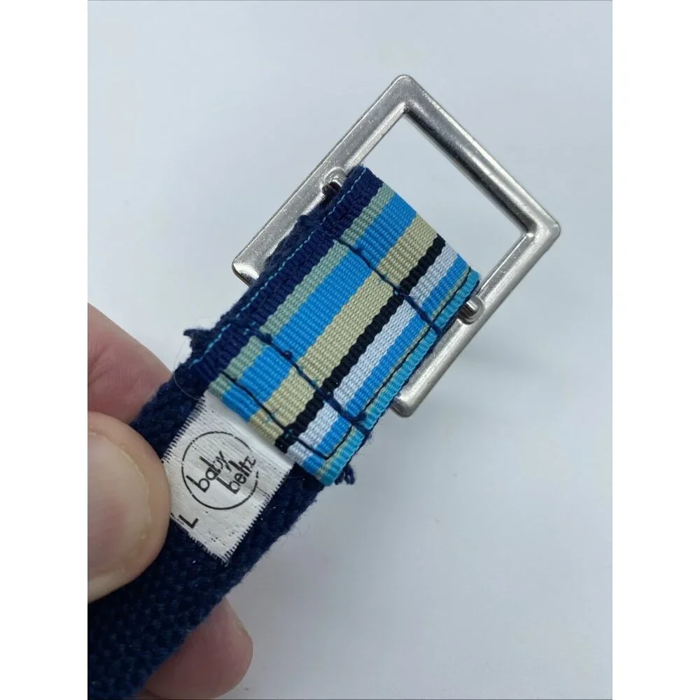 Baby Beltz Blue Beige Black Striped Belt Kids Size L Hook Loop Fastener